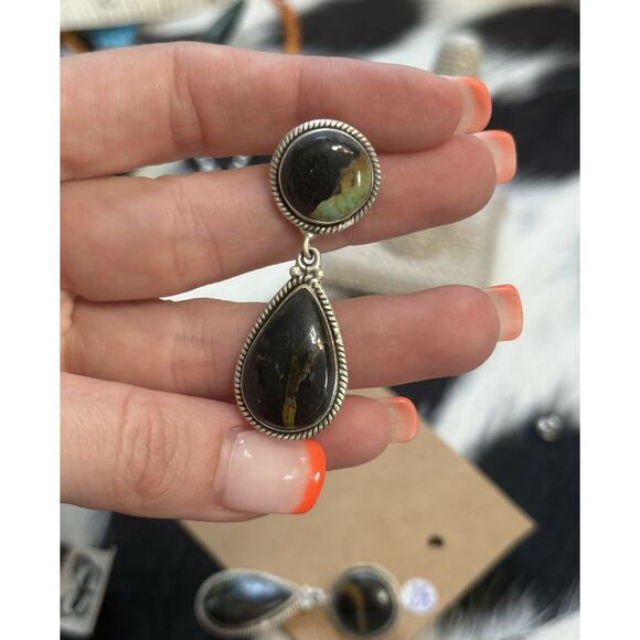 Native American Sterling Silver Large Double Stone Blackjack Turquoise Earrings - Picture 7 of 11